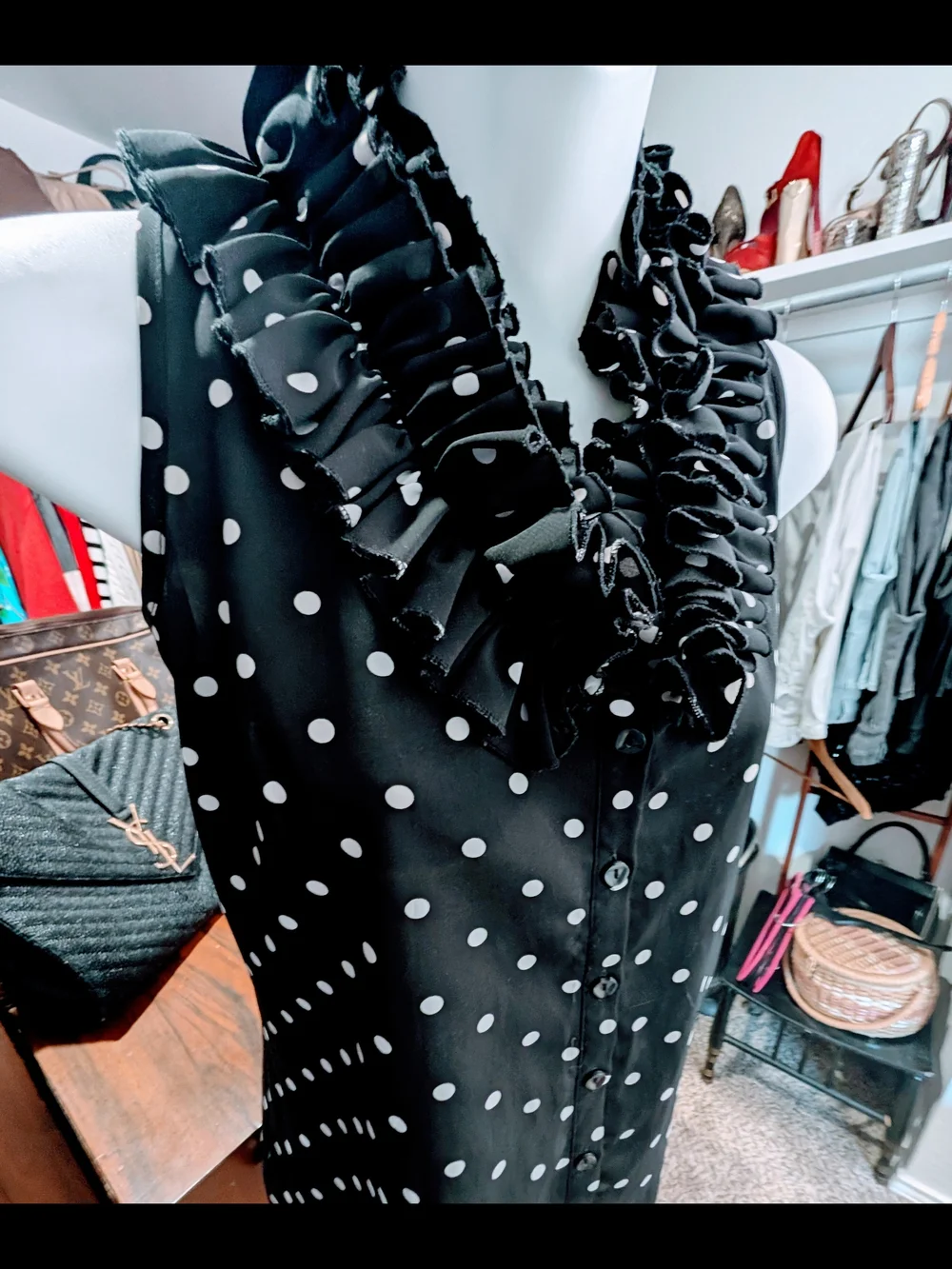 Source Unknown Black and White Polka Dot Ruffle Collar Blouse - Picture 3 of 7